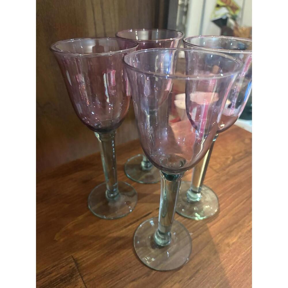 Vintage Italian Wine Gobblets, Handblown Iridescent Pink, Thick Stem Aqua-set 4